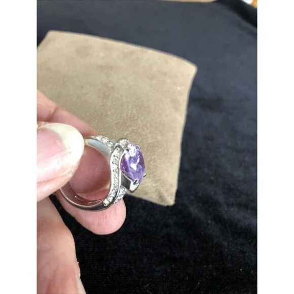 Clear crystal Rhinestone and Amethyst Silver Tone Cocktail Ring Size 5.5 Costume